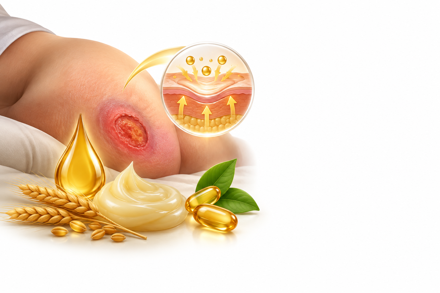 لانولين نقي، زيت جنين القمح، بانثينول، فيتامين ه | Pure lanolin, wheat germ oil, panthenol, vitamin e — رسم توضيحي لفئة قرحة الفراش