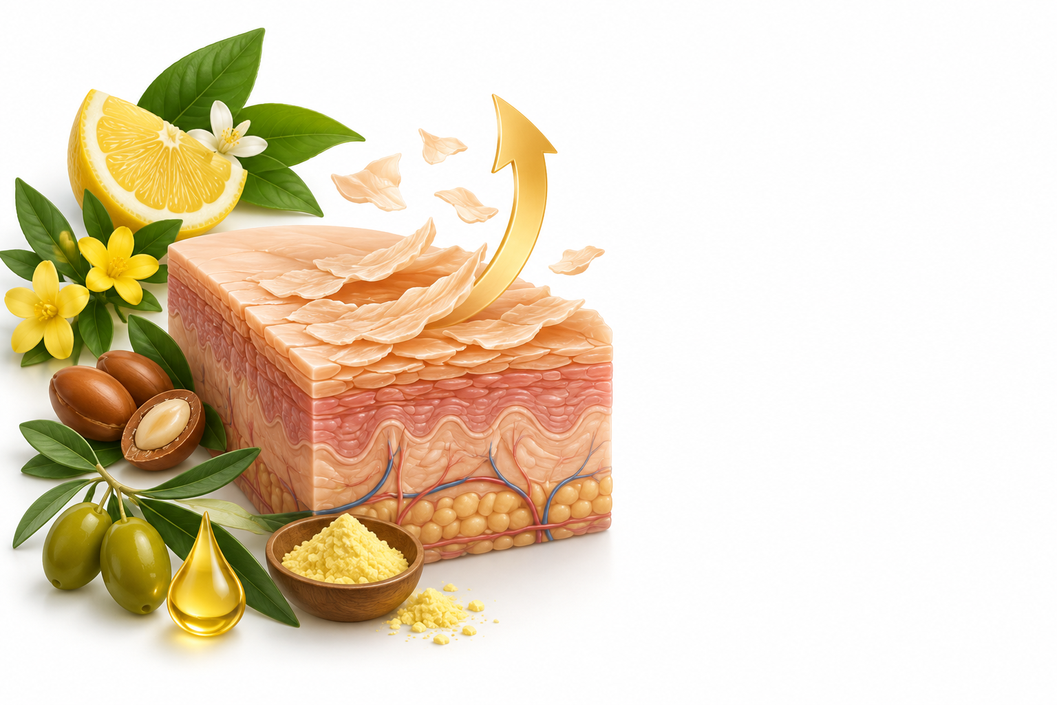 آرغان، ليمون، ياسمين أصفر، جليسيرول، زيت الجوجوبا، زيتون، كبريت | argania spinosa, citrus limonum, gelsemium sempervirens, glycerol, jojoba oil, olea europea, sulfur — رسم توضيحي لفئة تقشر