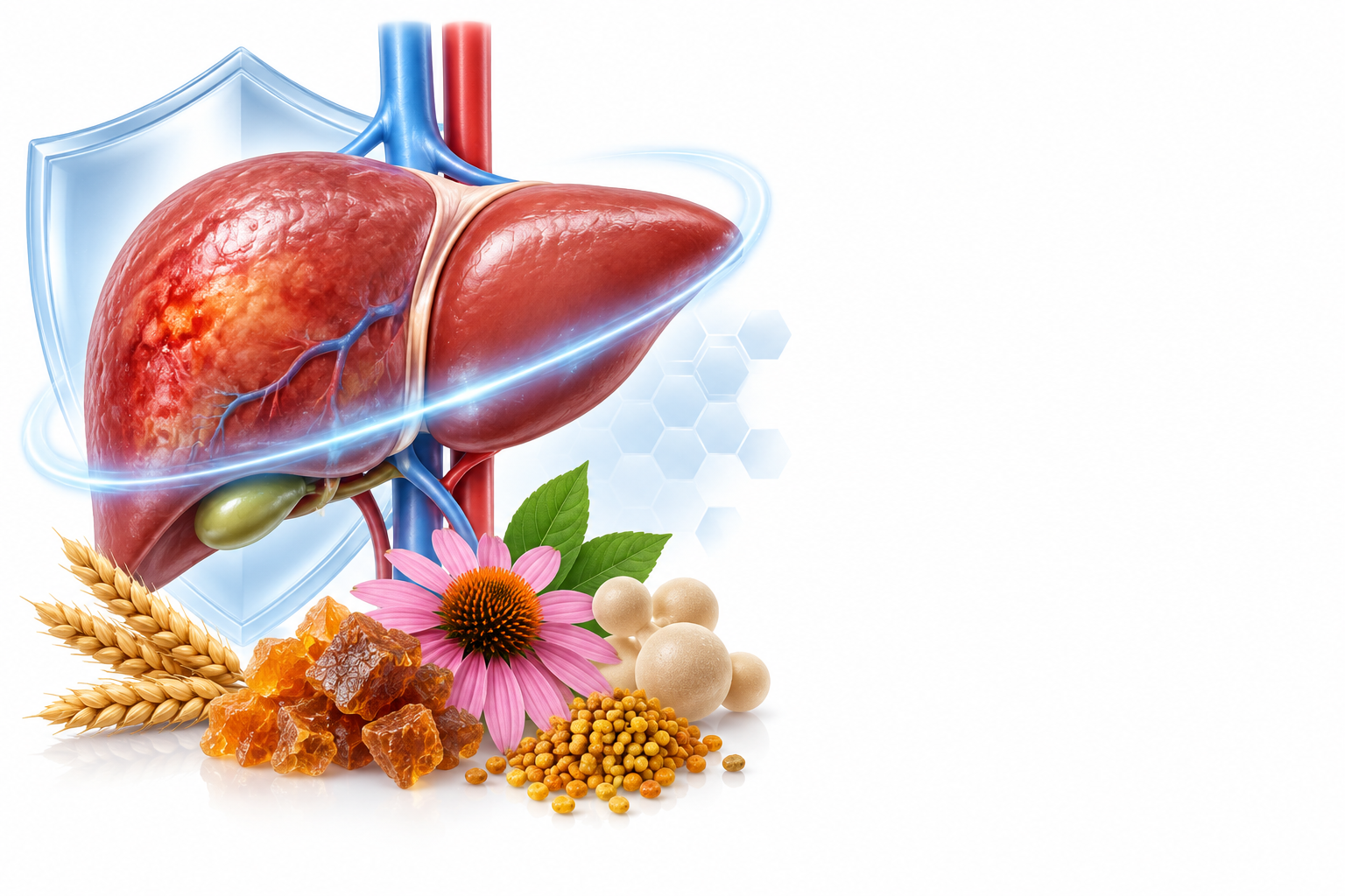جلوتاثيون، حبوب اللقاح، العكبر، زيت بذرة القمح، فطريات الخميرة | glutathione, pollen, propolis, saccharomyces cerevisiae, triticum vulgare — رسم توضيحي لفئة التهاب الكبد