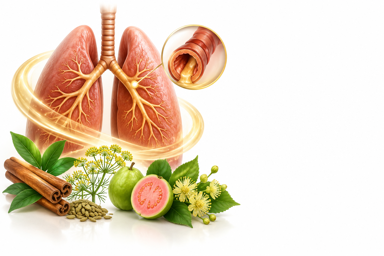 القرفة، الشومر، الجوافة، زيزفون | cinnamomum loureirii, foeniculum vulgare, psidium guajava, tilia vulgaris — رسم توضيحي لفئة التهاب القصبات