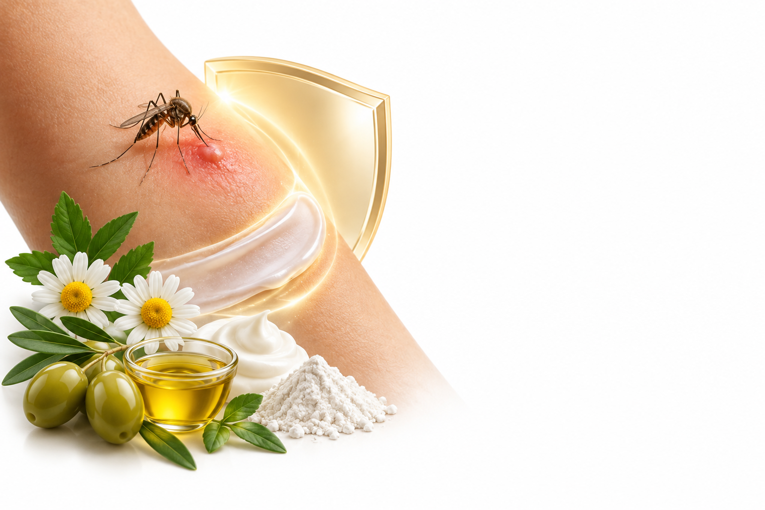 بانثينول، زيت زيتون، خلاصة البابونج، غليسرين، أكسيد الزنك | Panthenol, olive oil, chamomile ext., glycerin, zinc oxide — رسم توضيحي لفئة لدغة حشرة