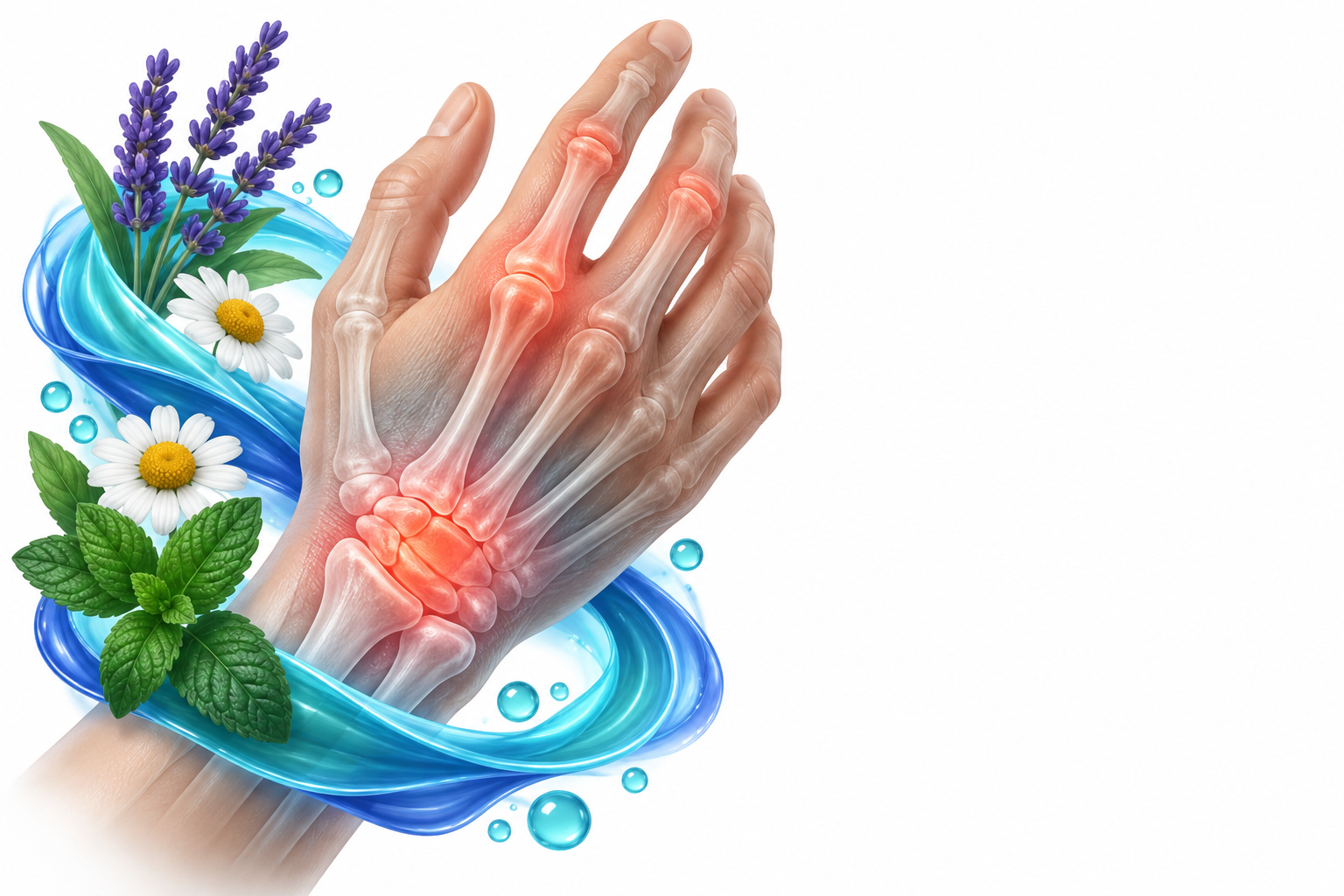المنثول، البابونج، اللافندر (الخزامى)، البروبيلين جلايكول، الجليسرين | menthol, chamomile, lavender, propylene glycol, glycerin — رسم توضيحي لفئة ألم مفصل اليد