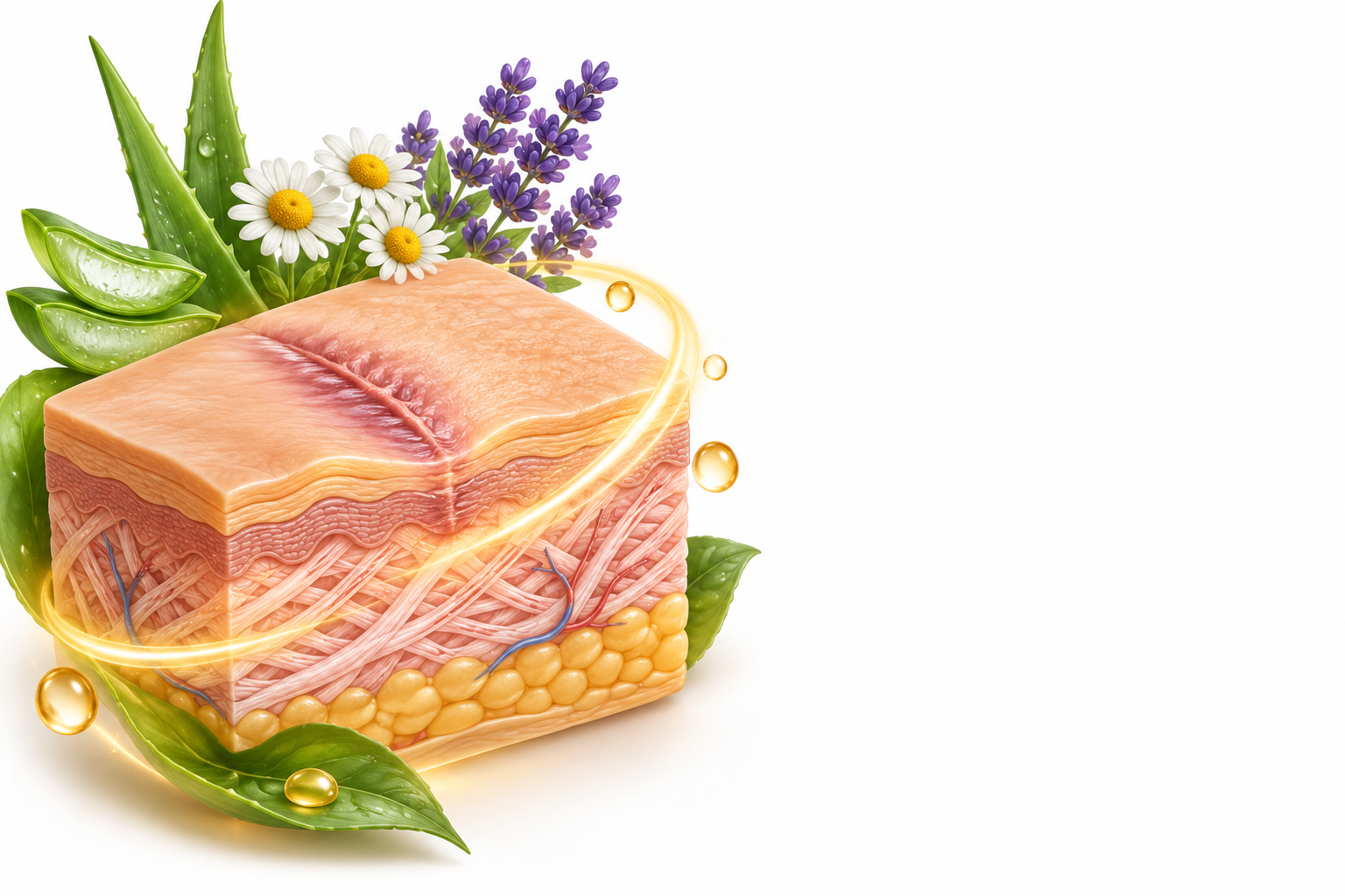 آلانتوين، صبر حقيقي، ضرم ضيق الأوراق، بابونج ألماني، بانتوثينيل | allantoin, aloe barbadensis, lavandula angustifolia, matricaria chamomilla, panthenol — رسم توضيحي لفئة تندب