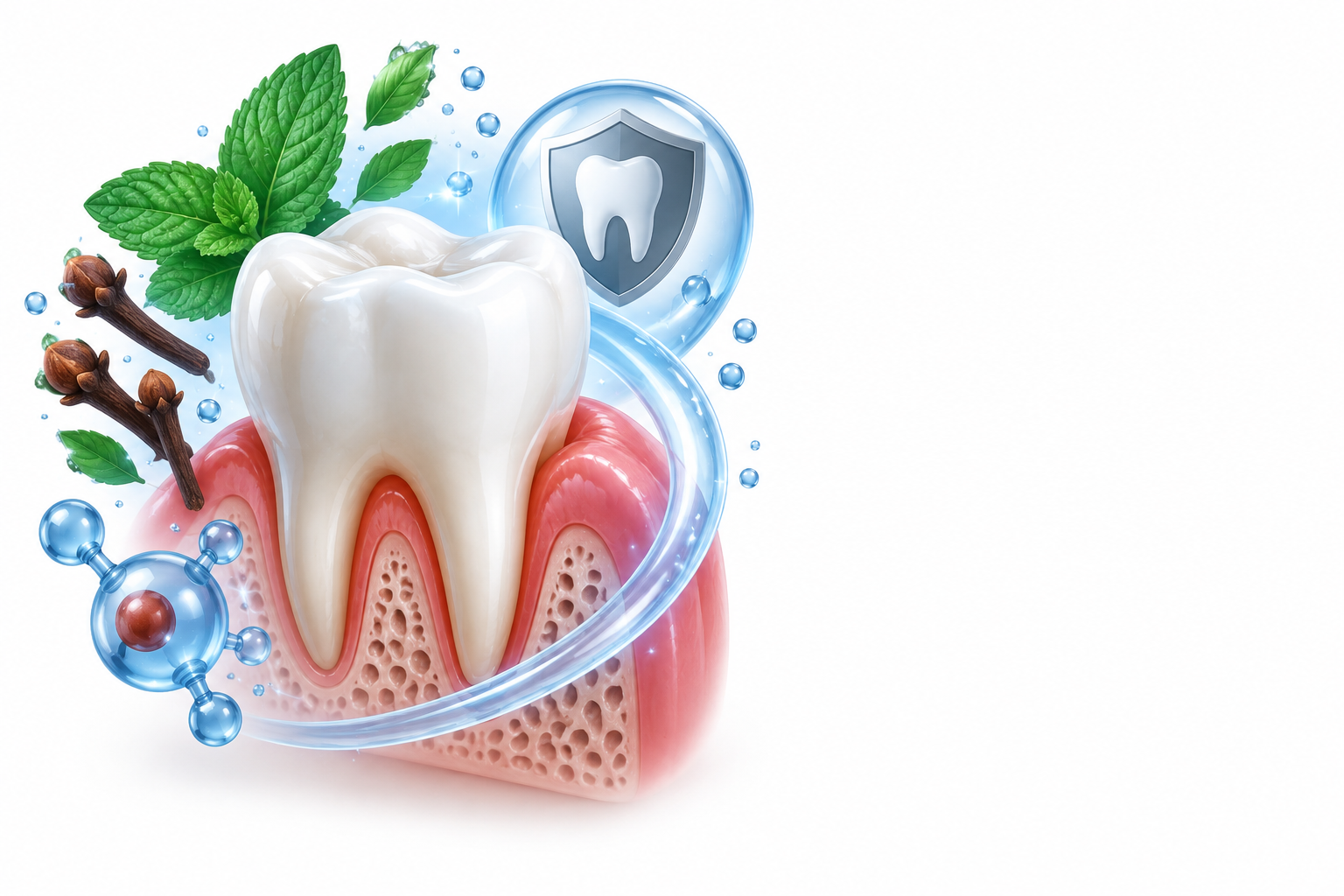 فلور، منثول، القرنفل، ثيمول | fluorine, menthol, syzygium aromaticum, thymol — رسم توضيحي لفئة قلح الأسنان