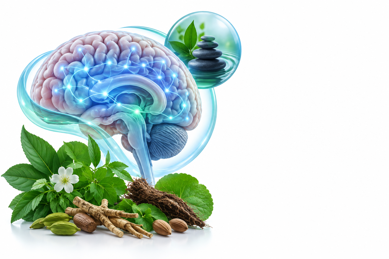البراهمي، الكينتيللا اسياتيكا، العبعب المنوم، الحليت، السنبل الهندي، الناردين المخزني، الامبيلية المتينة، اللوز، وج قصب الذريرة، التينوسبورا كورديفولي، الهليلج الكابلي، الاملج الشائع، الاوروكسيلون انديكام، السيليستروس، الموكونا، الهال، التيرمناليا ارجونا، | Bacopa Monnieri, Centella asiatica, Withania Somnifera, Evolvulus Alsinoides, Nardostachys Jatamansi, Valeriana Wallichii, Embelia Ribes, Prunus Amygdalus, Acorus Calamus, Tinospora Cordifolia, Terminalia Chebula, Emblica Officinalis,Oroxylon Indicum, Celastrus Paniculatus, Mucuna Pruriens, Elettaria Cardamomum, Terminalia Arjuna, Shatapushpa (Anethum Sowa), Vidari (Ipomoea Digitata), Shunthi (Zingiber Officinale), Bibhitaka (Terminalia Belerica), Jatiphala (Myristica Fragnrans), Lavanga (Syzygium Aromaticum) — رسم توضيحي لفئة قلق