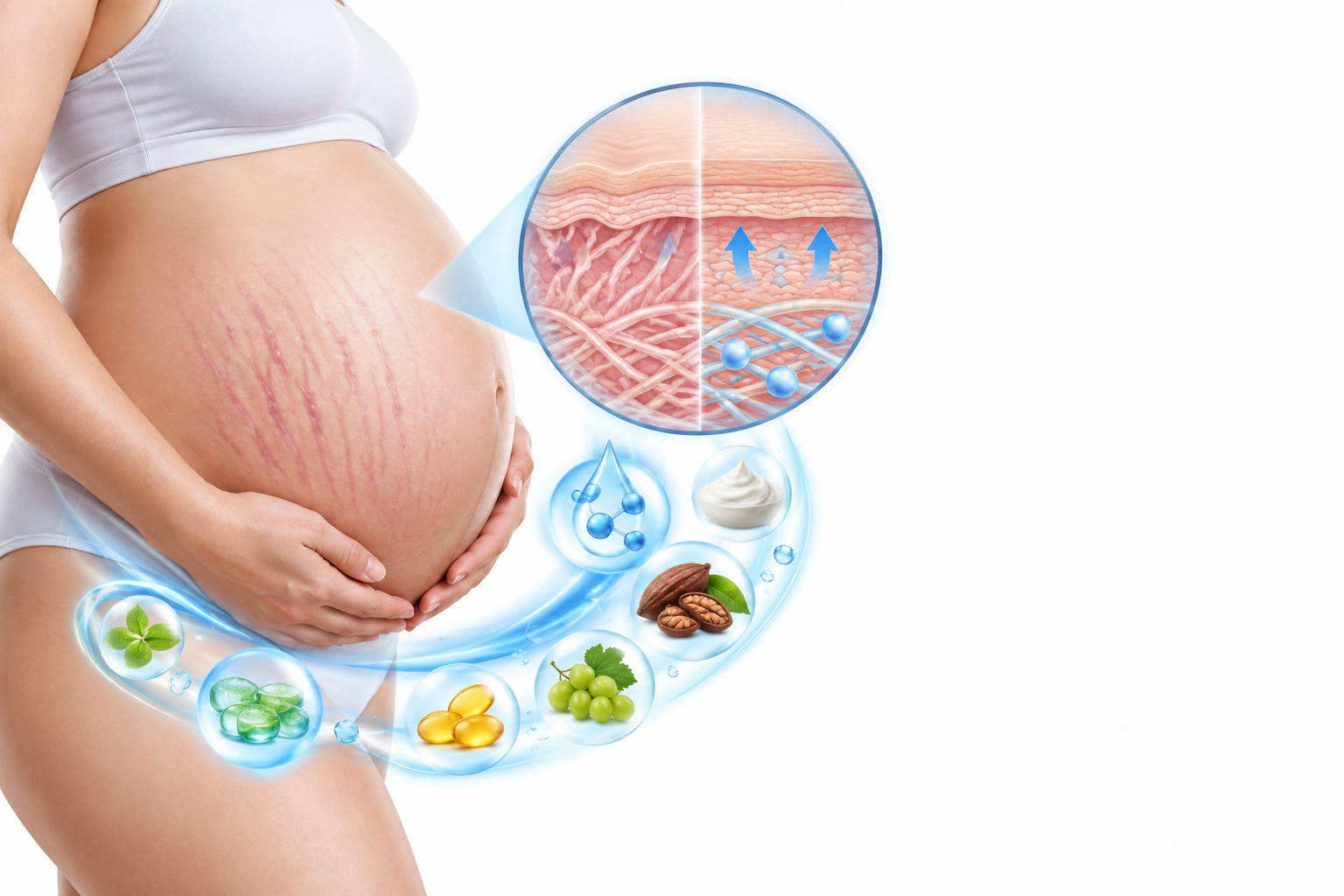 زيت السمسم، خلاصة الصبار. | Sesame Oil, Cactus Extract — رسم توضيحي لفئة علامات التمدد الجلدي أثناء للحمل