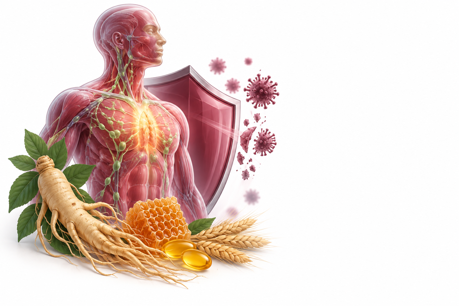 جنسنج، رويال جيللي، زيت جنين القمح | Ginseng, royal jelly, wheat germ oil — رسم توضيحي لفئة يدعم