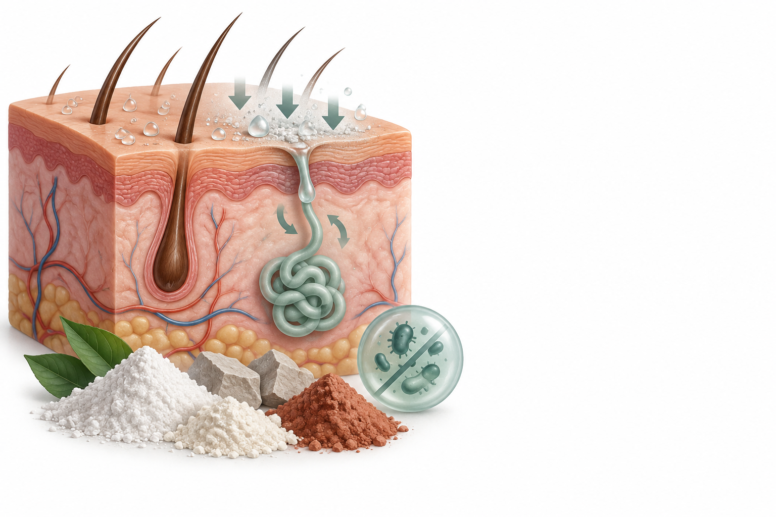 اكسيد الزنك، كاولين، نشا، تريكلوسان | Zinc Oxide, Kaolin, Starch, Triclosan — رسم توضيحي لفئة تعرق
