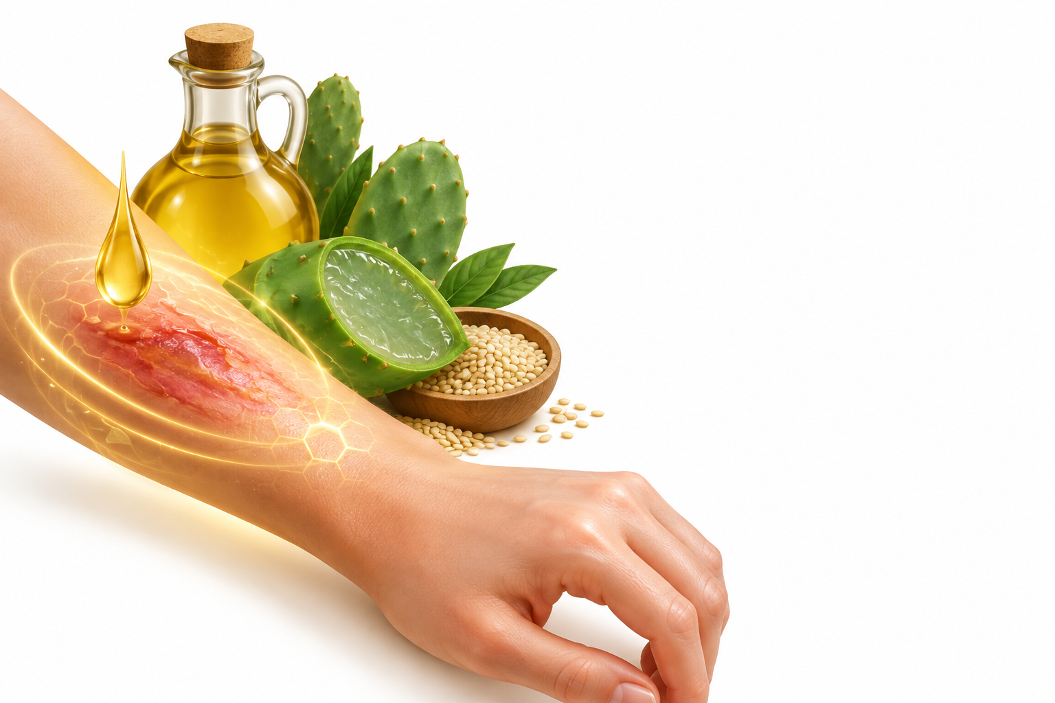 زيت السمسم، خلاصة الصبار. | Sesame Oil, Cactus Extract — رسم توضيحي لفئة آثار الحروق