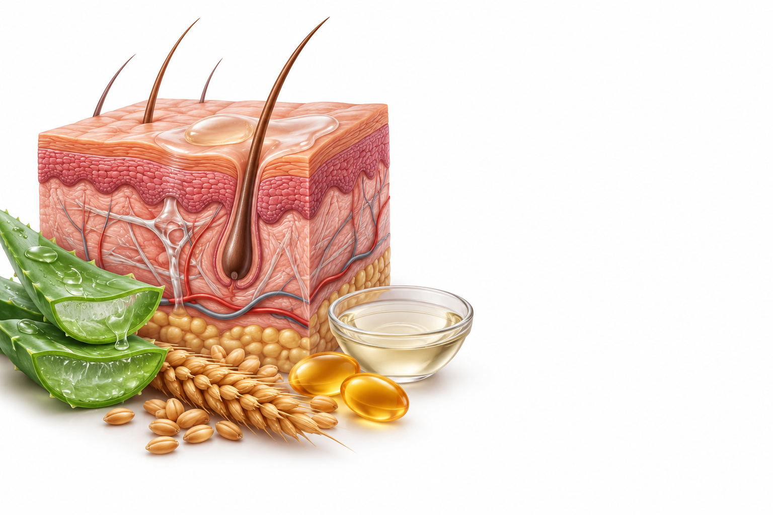 صبر حقيقي، زيت جنين القمح، فيتامين أ، زيت معدني | aloe vera, wheat germ oil, vitamin a, mineral oil — رسم توضيحي لفئة جلد