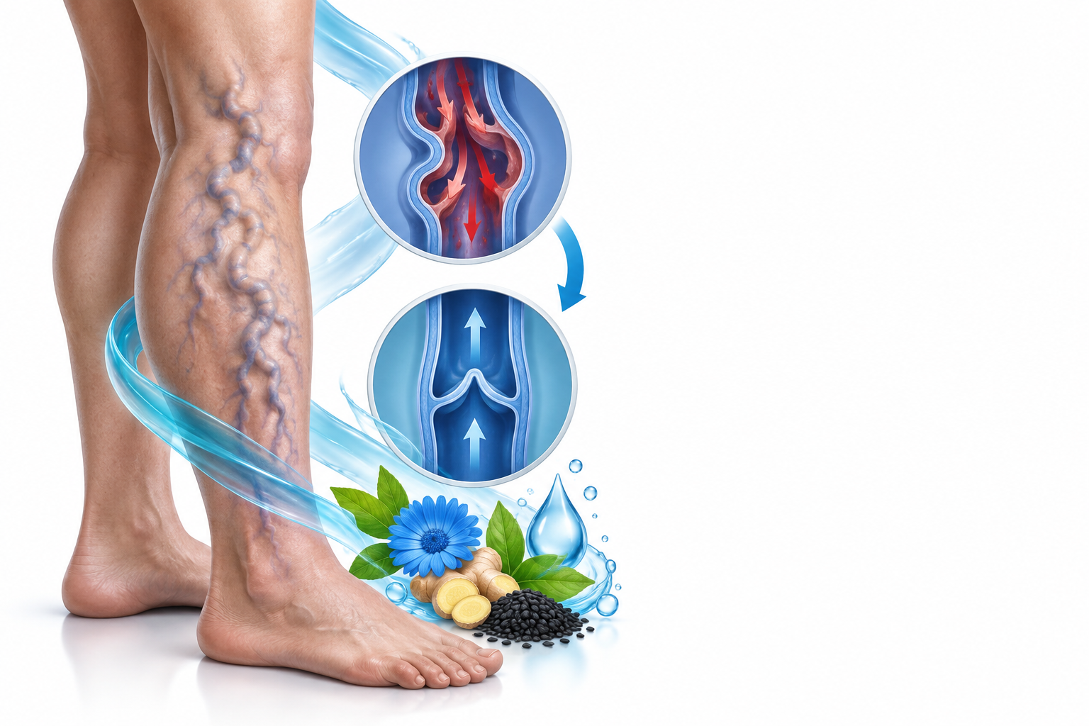ل-ارجنين، زيت البكورية، زيت الزنجبيل، ماء، زيت الحبة السوداء | L-Arginine, Calendula oil, Ginger oil, Aqua water, Black seed oil — رسم توضيحي لفئة دوالي الساقين