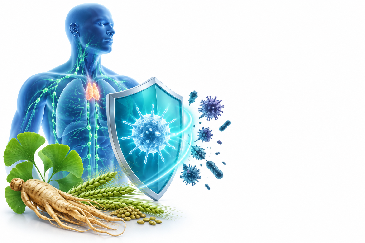 جنكة، جنسنغ، زيت جنين القمح | ginkgo biloba, panax ginseng, triticum vulgare — رسم توضيحي لفئة معزز مناعي
