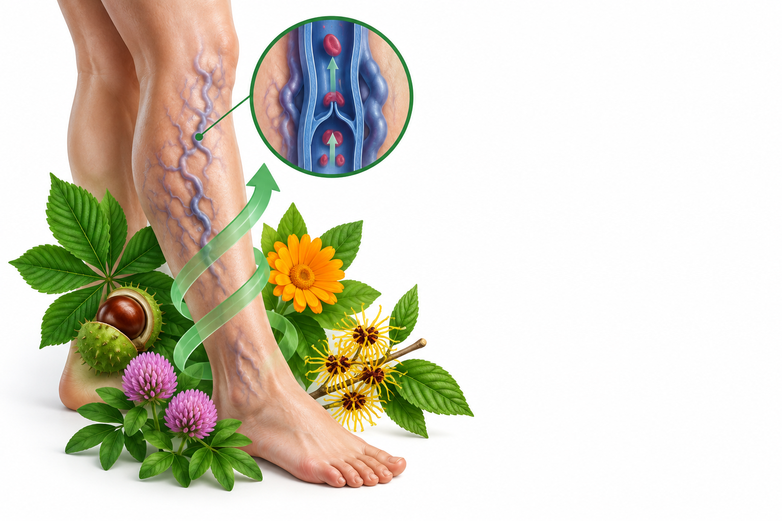 كستناء الحصان، البكورية الطبية، المشتركة الفيرجينية، النفل الأحمر | aesculus hippocastanum, calendula officinalis, hamamelis virginiana, trifolium pratense — رسم توضيحي لفئة التهاب الدوالي