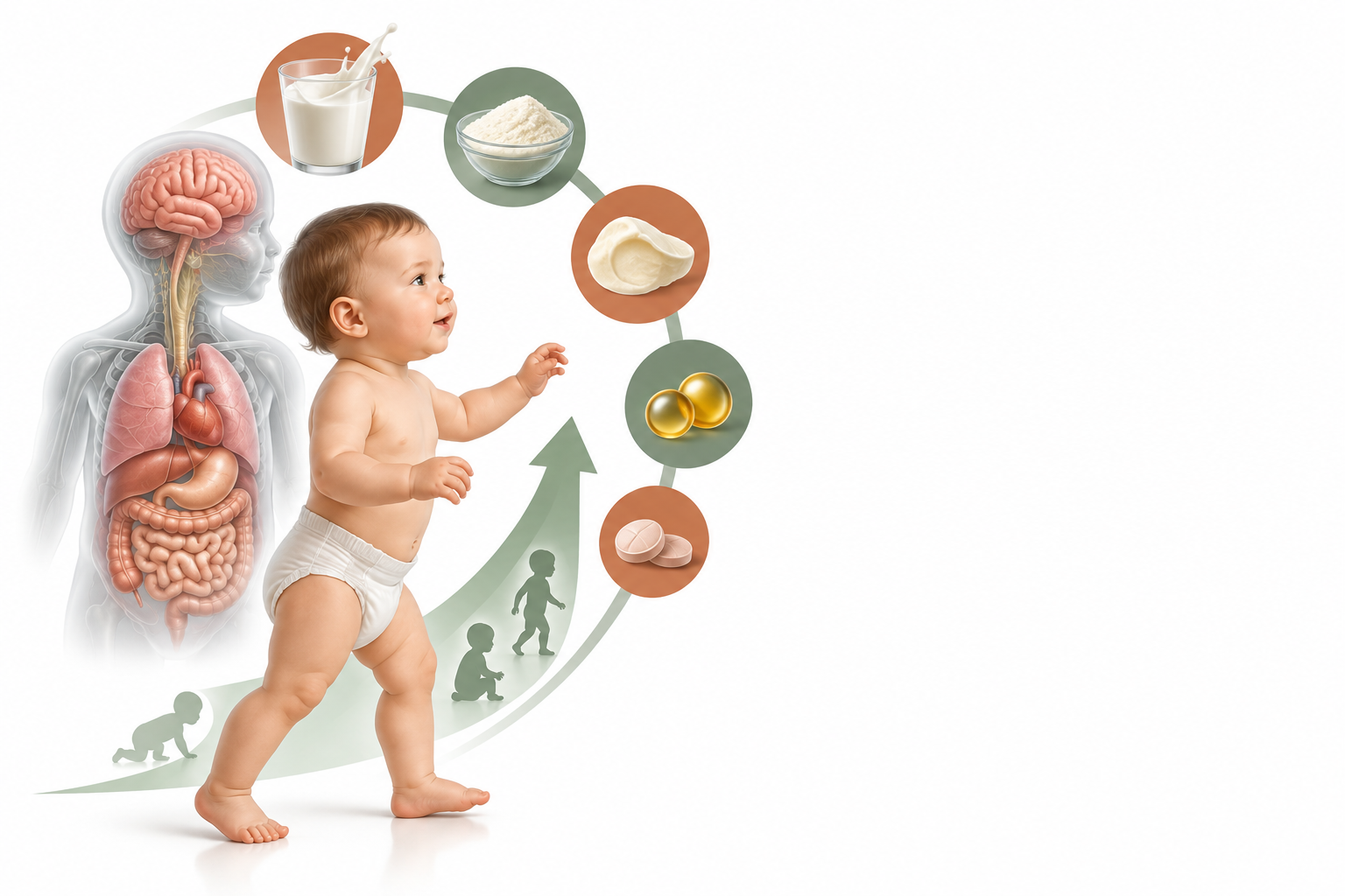 حليب منزوع الدسم، مصل الحليب، اللبأ البقري، فيتامين ب1، فيتامين ب 2 | Skimmed milk, whey protein, bovine colostrum, vitamin b1, vitamin b2 — رسم توضيحي لفئة مراحل نمو الطفل