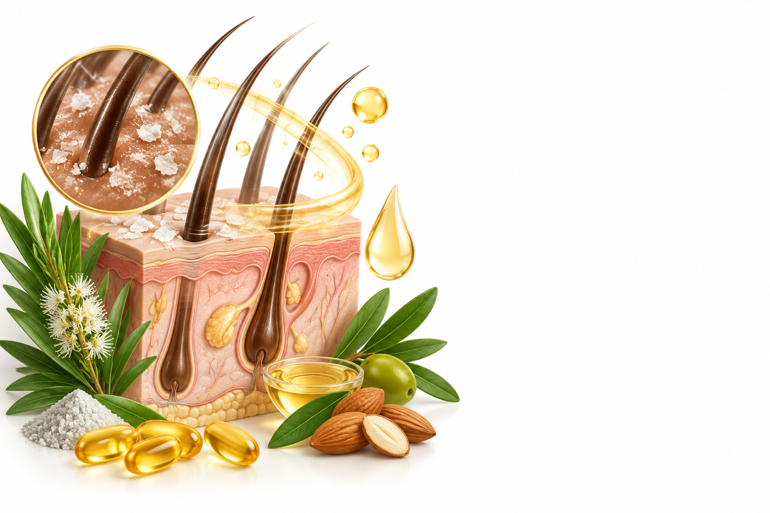غليسرول، زيت شجرة الشاي، زيت الزيتون، البانثينول، زيت اللوز، الصوديوم، فيتامين إي، السيلينيوم | glycerol, melaleuca alternifolia, olea europea, panthenol, prunus amygdalus (amara), selenium, sodium vitamin e — رسم توضيحي لفئة قشرة الرأس