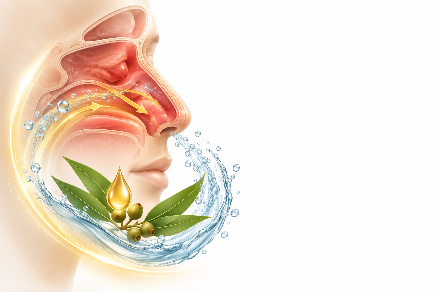 مياه بحر طبيعية، تركيز عالي من الأملاح المعدنية، زيت شجرة الكينا | natural seawater, hypertonic concentration of mineral salts, essential oil of eucalyptus globulus, natu — رسم توضيحي لفئة إحتقان الأنف
