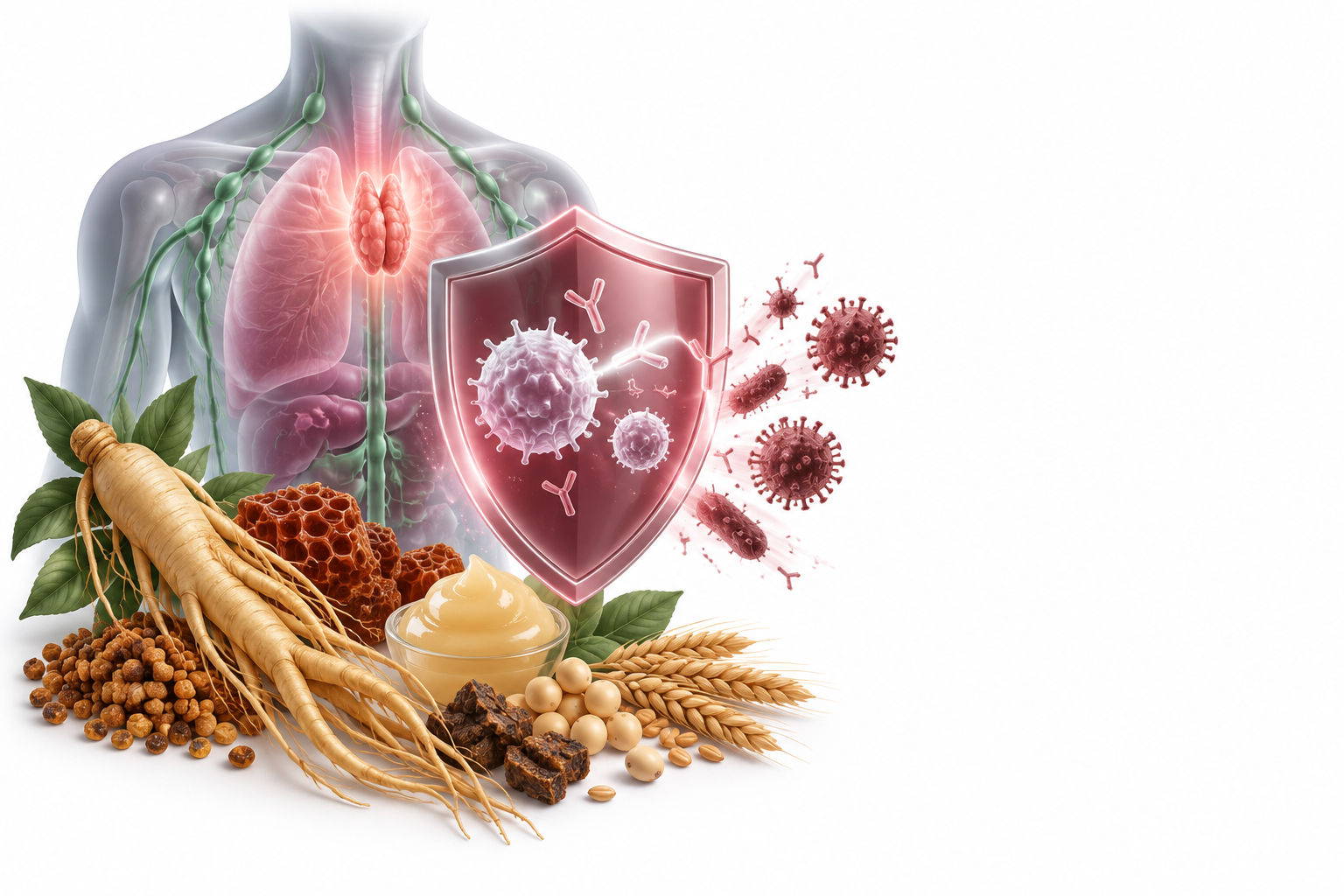 جنسنغ،بيرغا،العكبر،غذاء ملكات النحل،ليسيثين،زيت بذرة القمح | panax ginseng, perga, propolis, royal jelly, soya lecithin, triticum vulgare — رسم توضيحي لفئة مناعة طبيعية