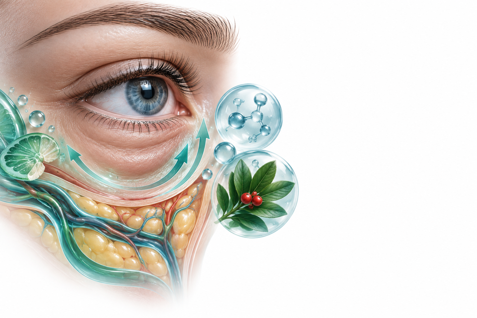 ألفا جلوكوزيل هيسبيريدين، حمض الهيالورونيك، مستخلص نبتة مكنسة الجزار. | alpha glucosyl hesperidin, hyaluronic acid, ruscus aculeatus extract — رسم توضيحي لفئة انتفاخ تحت العين