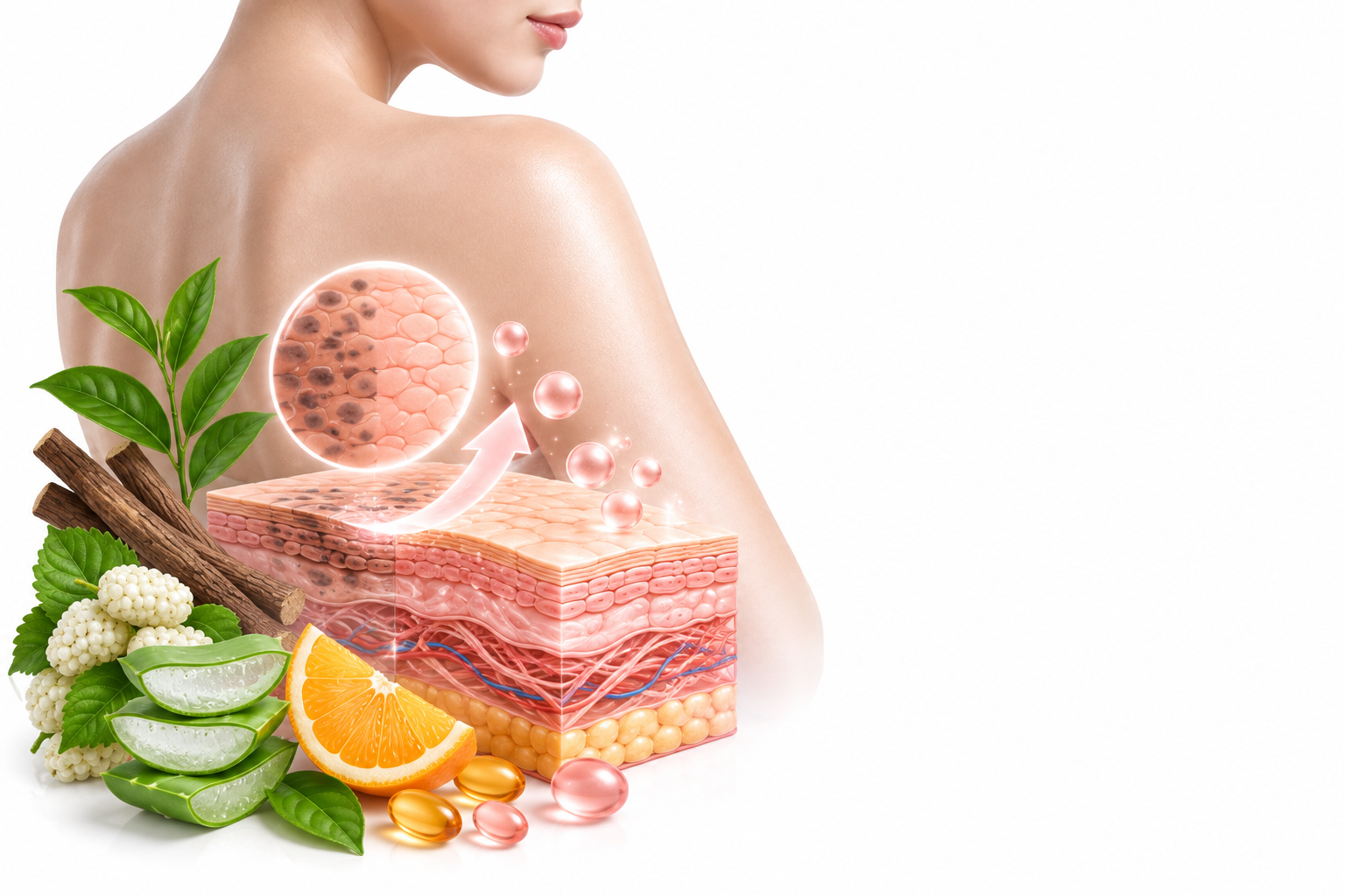 خلاصة العرق سوس، نياسيناميد، فيتامين (ج، ه)، توت، الصبر الحقيقي، شاي أخضر | Liquorice ext., niacinamide, vitamin (c, e), mulberry, aloe vera, green tea — رسم توضيحي لفئة تفتيح الجسم
