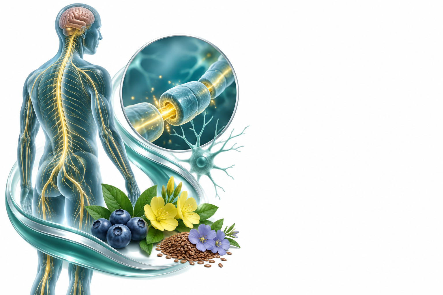 عنب الأحراج، زهرة الربيع المسائية، الكتان | Bilberry, Evening Primrose, Flax — رسم توضيحي لفئة اعتلال الأعصاب