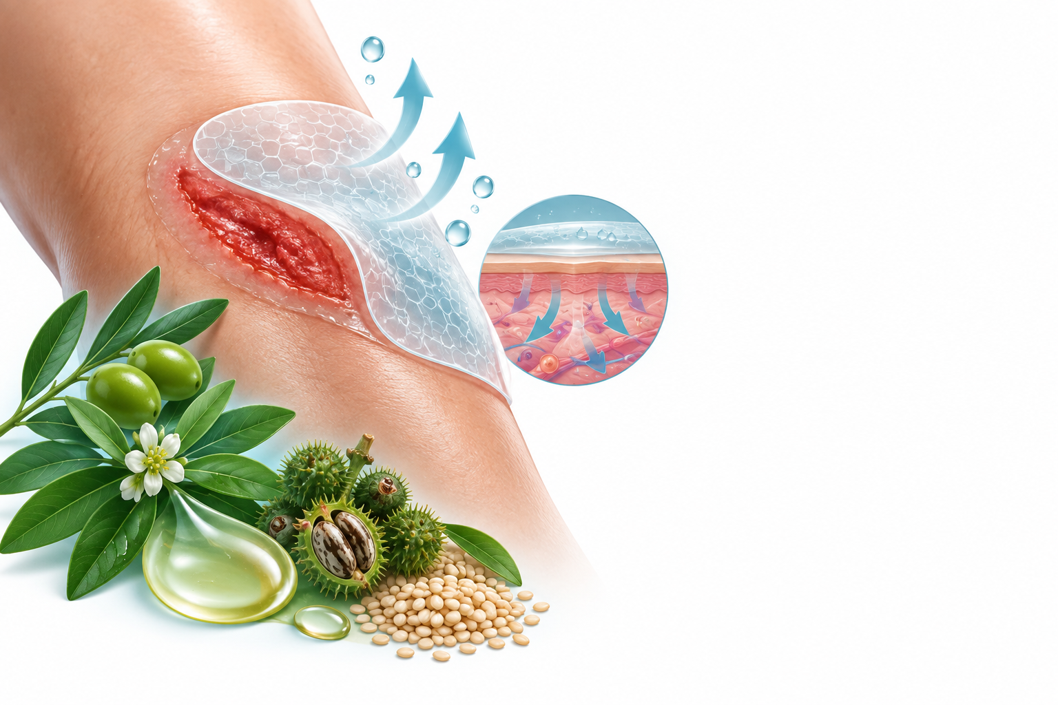 العسل،زيت الجوجوبا،زيت الزيتون،زيت الخروع،السمسم | honey, jojoba oil, olea europea, ricinus communis, sesamum orientale — رسم توضيحي لفئة تضميد الجروح