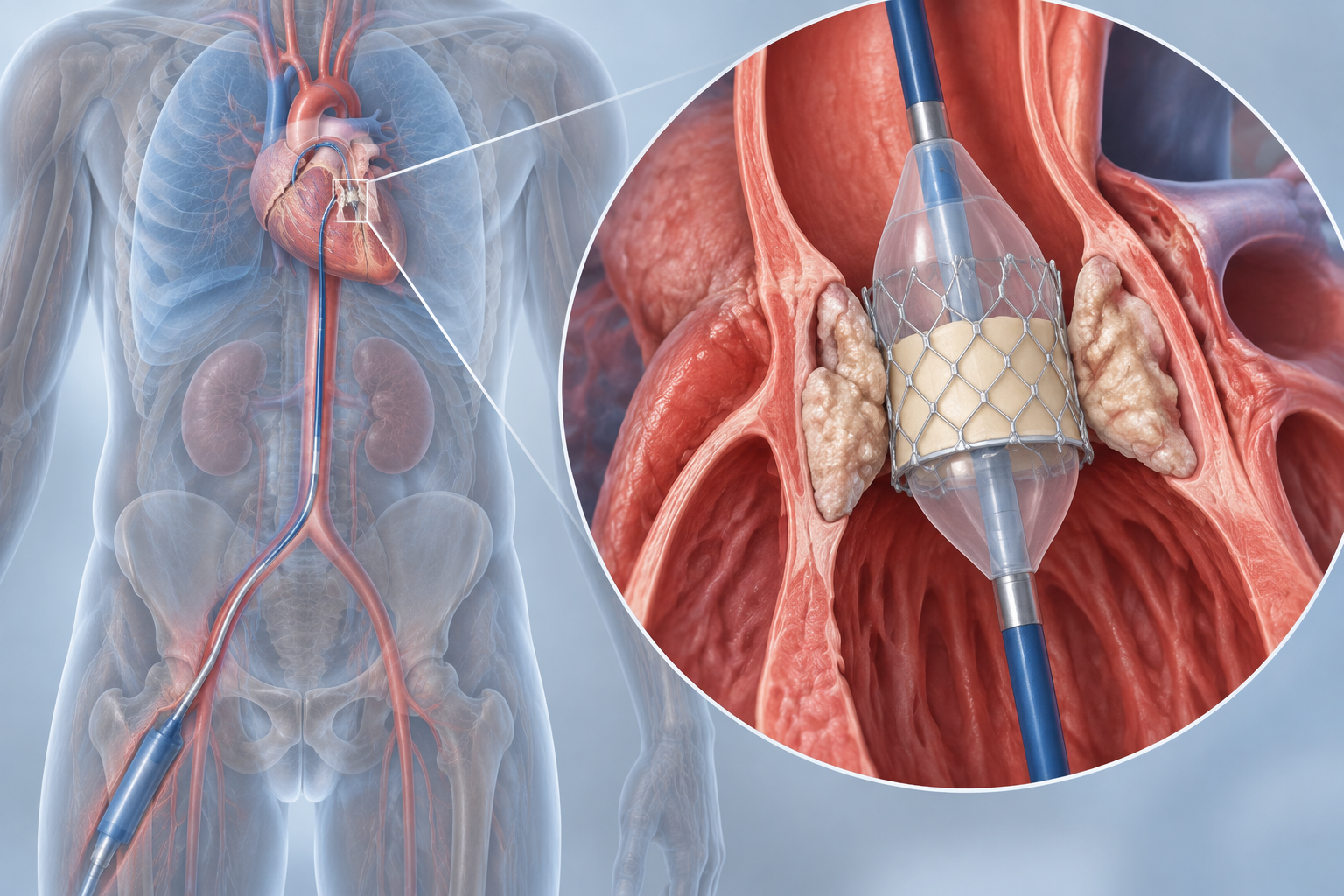 استبدال الصمام الأبهري عبر القسطرة (TAVI/TAVR) — صورة توضيحية للإجراء