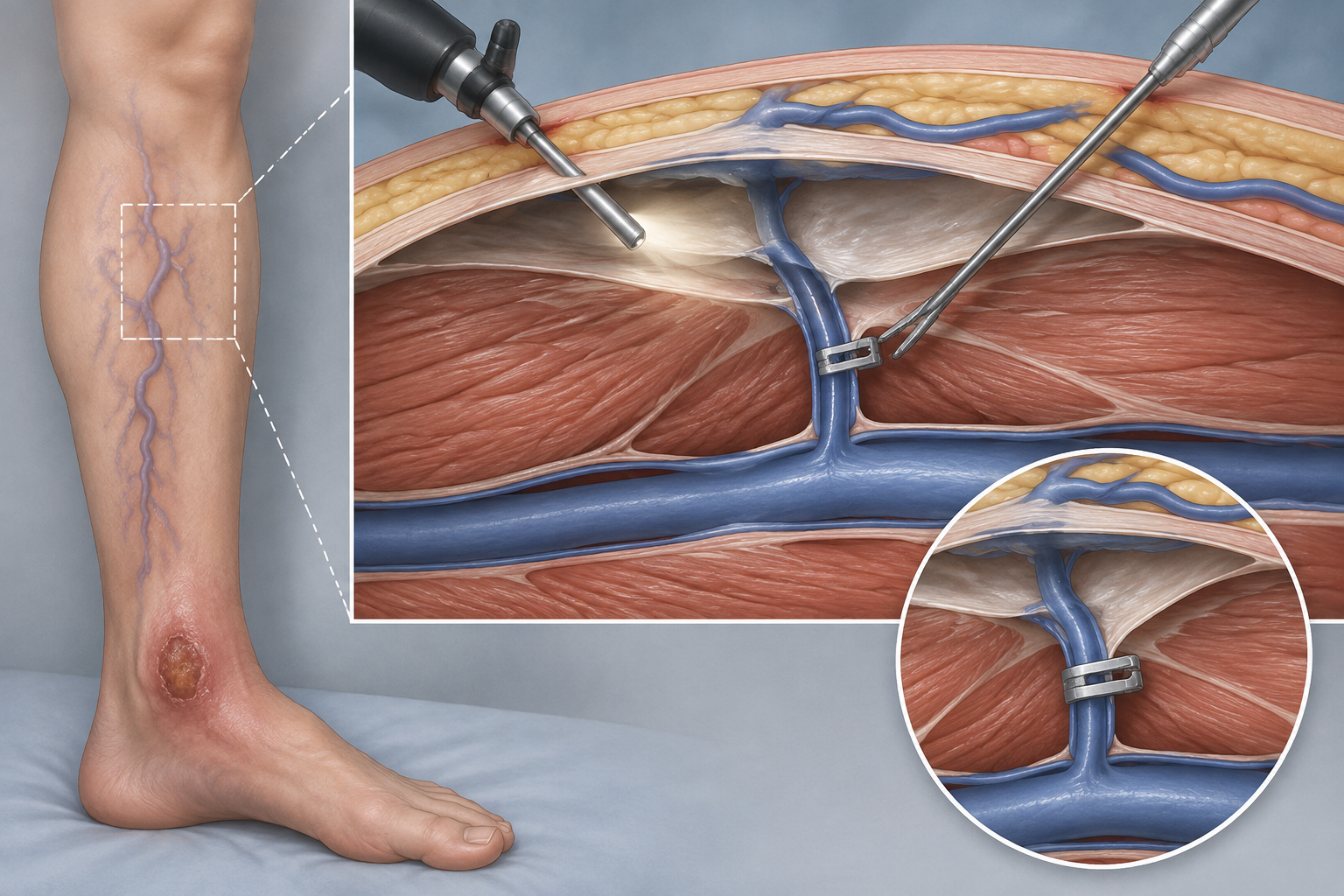 جراحة ربط الأوردة المثقوبة (Perforator ligation) — صورة توضيحية للإجراء