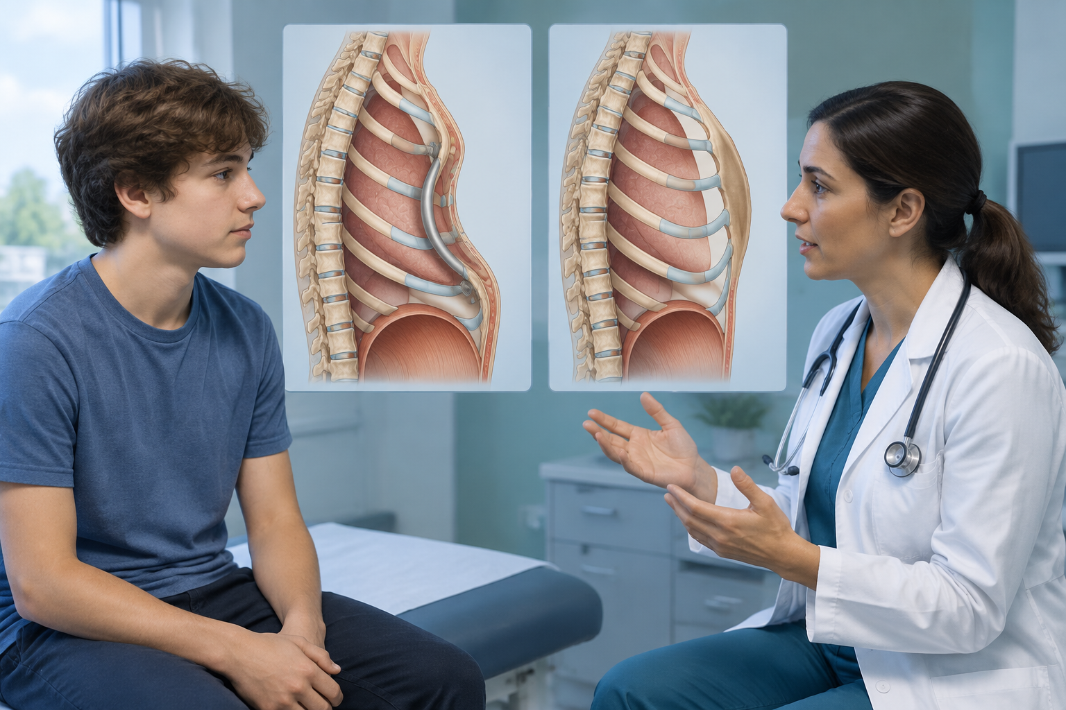 جراحة تثبيت القفص الصدري لعلاج القفص الحمام (Pectus carinatum/excavatum) — صورة توضيحية للإجراء