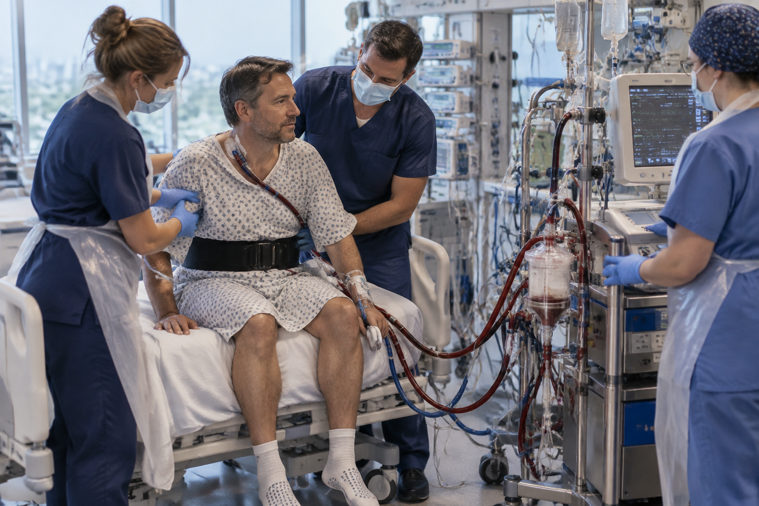 التأهيل الحركي والتنفسي أثناء وبعد العلاج بالأوكسجين الغشائي خارج الجسم (ECMO) — صورة توضيحية للإجراء