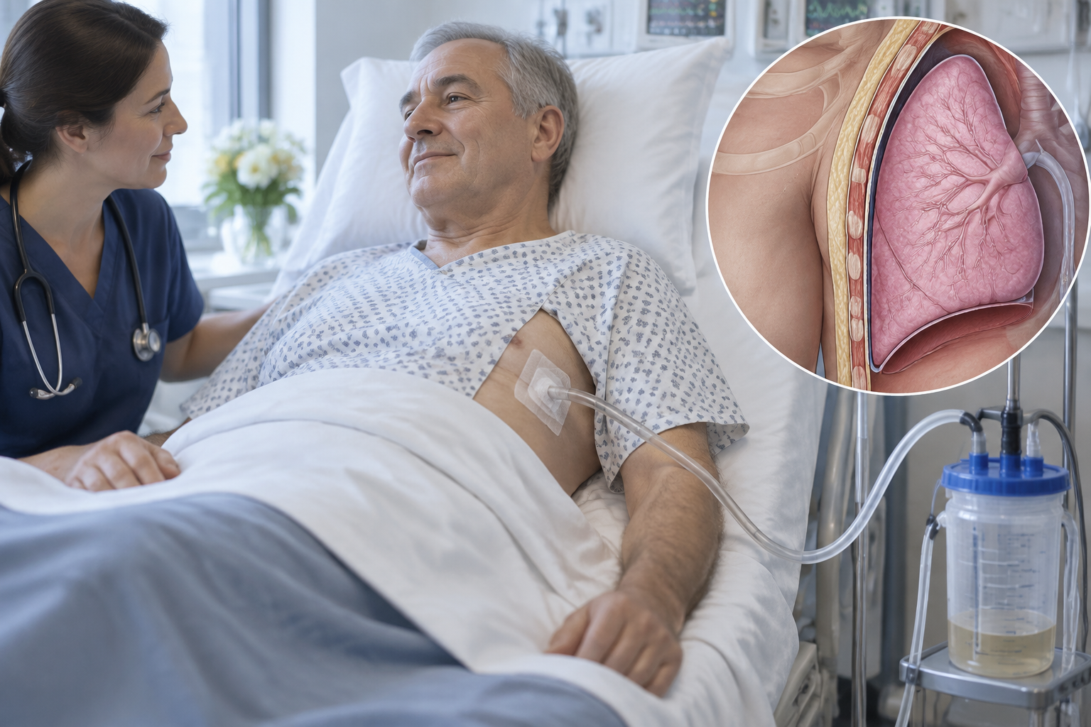العلاج التثبيتي الكيميائي الجنبي (Pleurodesis) غير الجراحي للانصباب المتكرر — صورة توضيحية للإجراء