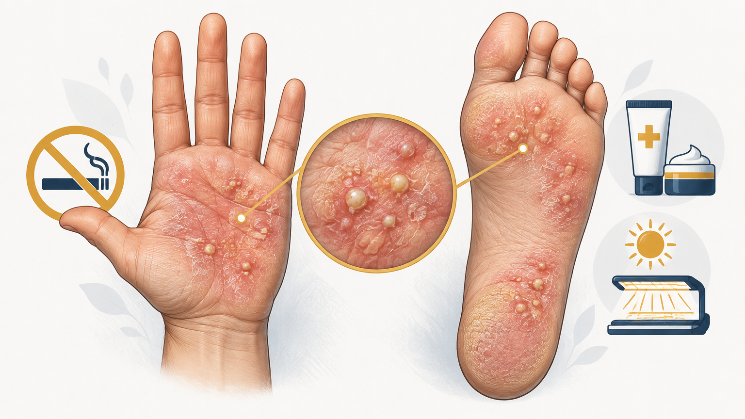 صورة توضيحية عن بثور الراحتين والاخمصين | Pustulosis palmaris et plantaris. — الجلدية والتجميل | فارماستان