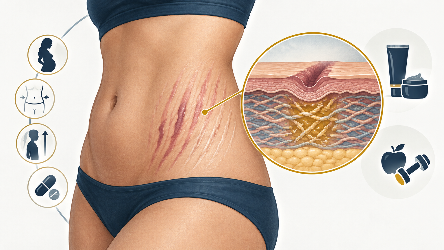 صورة توضيحية عن تشققات الجلد | Stretch Marks — الجلدية والتجميل | فارماستان