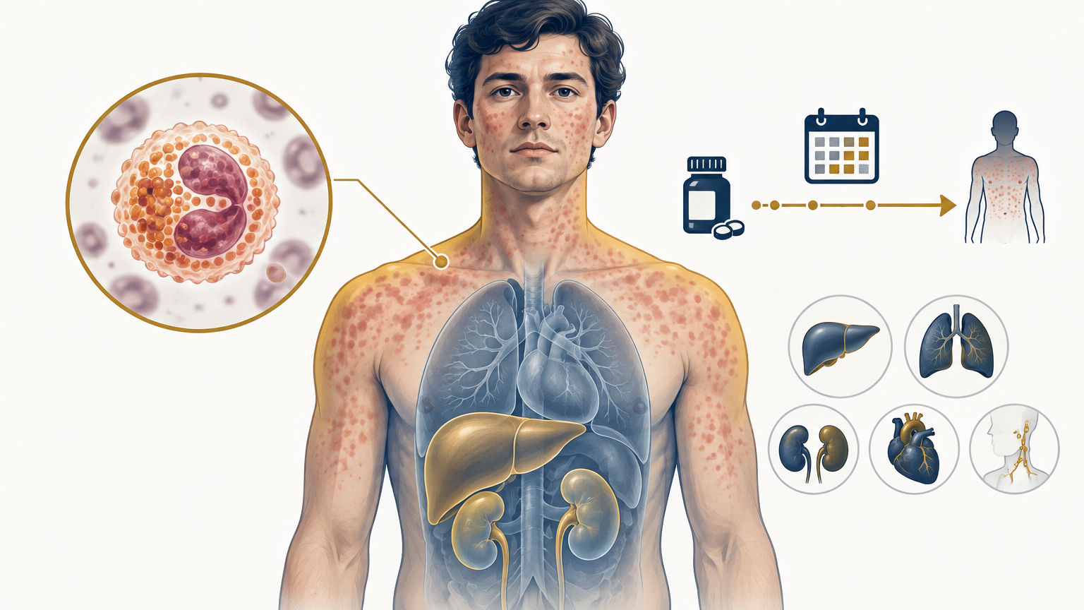 صورة توضيحية عن متلازمة رد الفعل الدوائي مع فرط الحمضات (متلازمة دريس) | Drug Rash with Eosinophilia and Systemic Symptoms (DRESS) — الجلدية والتجميل | فارماستان